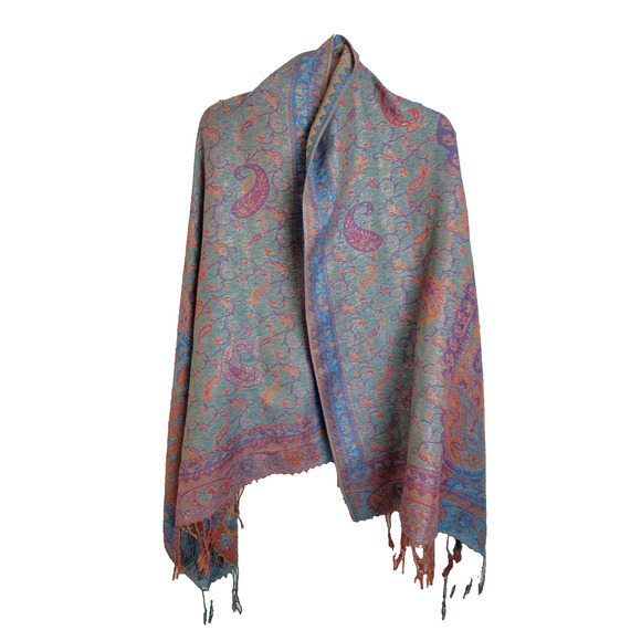 Reversible Fringe Shawl Scarf Pink Blue Paisley Metallic Thread Women's 28"x68" - Picture 2 of 10